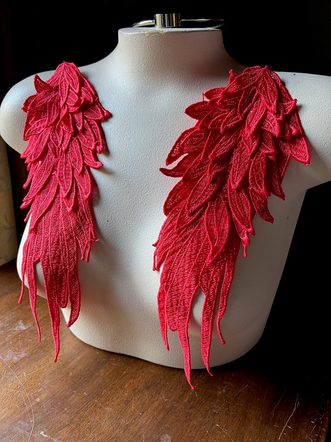 Red 3D Lace Applique WINGS Pair for Angels, Swan Lake, Epaulettes