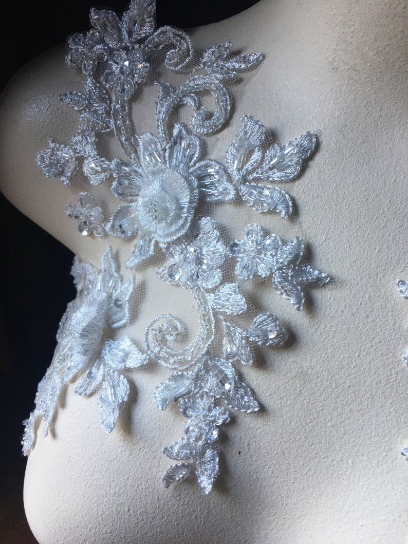 Ballet Couture Gowns F105 WHITE Applique PAIR Beaded Alencon Lace for Lyrical Dance