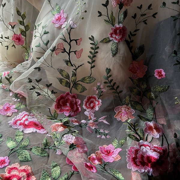 Tissu brodé de dentelle de fleurs MULTICOLORE pour voiles de fleurs, mariée, vêtements, capes