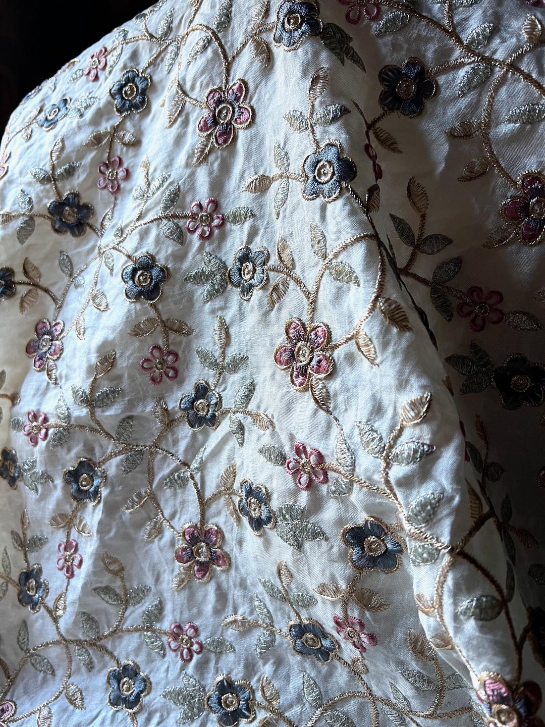 Embroidered Silk Fat Quarter, Ivory Floral Fabric, Rococo Reticule ...