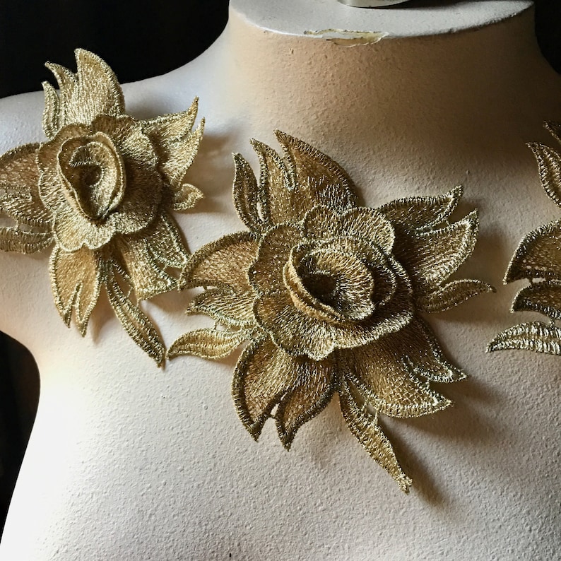 3 Gold 3D Lace Appliques Flowers in Antique Gold Metallic for Etsy