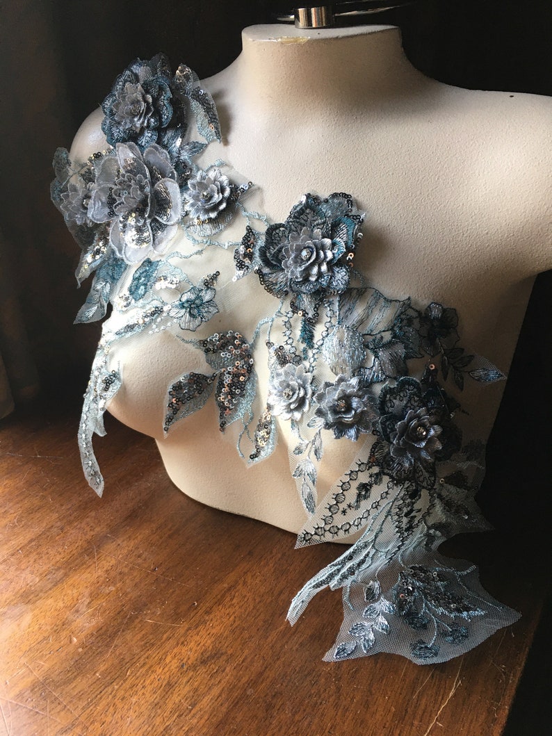 Beaded and Embroidered for Lyrical Dance Couture Gowns F44-3 Ballet Silver Teal 3D Applique #3