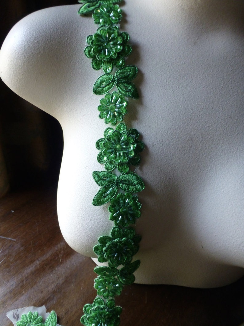12 Kelly Green Beaded Applique Trim 12 for Lyrical Dance, Costume or Jewelry Design, Crafts TR 249 kg image 1