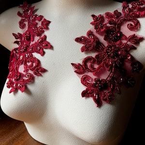 BURGUNDY Applique PAIR Beaded Alencon Lace for Lyrical Dance, Ballet, Couture Gowns F134