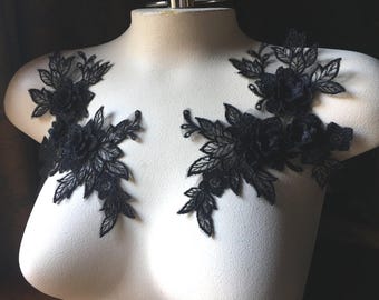 BLACK 3d Lace Applique PAIR for Lyrical or Ballet Costumes, Garments, Bridal F6