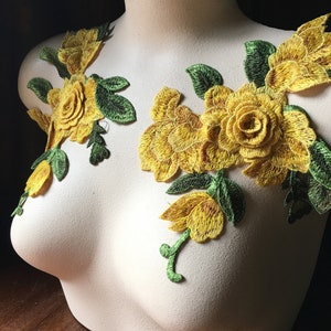 2 YELLOW ROSE 3 Appliques Lace Appliques for Grad Gowns,  Garments, Costume Design CA 975