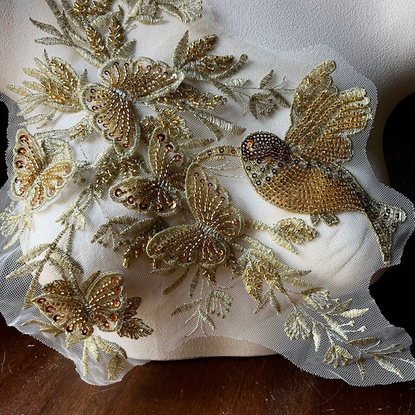 GOLD HUMMINGBIRD 3D Applique  #2 Beaded Lace Applique for Lyrical Dance, Ballet, Couture Gowns F159-2