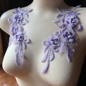 Coppia di applicazioni in pizzo 3D color lilla per costumi da ballo lirico o classico, abiti da sposa F141