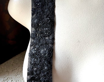 BLACK Beaded Sari Trim Embroidered on Net for Garments, Costume Design, Crafts, Junk Journals TR 362