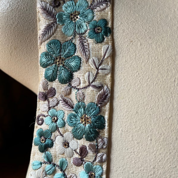 TURQUOISE & IVORY Silk Beaded Sari Trim Embroidered for Garments, Costume Design, Crafts, Junk Journals TR 368