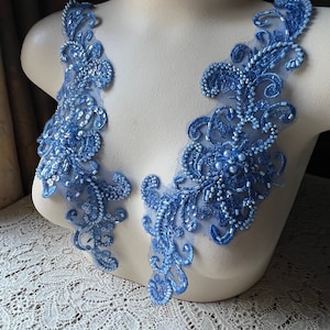 Deep Blue Beaded Applique Pair: Rhinestone Flower Garment Embellishment CA 961 pair