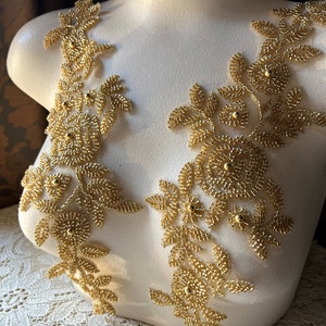GOLD Applique PAIR Beaded Lace for GRAD, Prom,  Lyrical Dance, Ballet, Couture Gowns F181