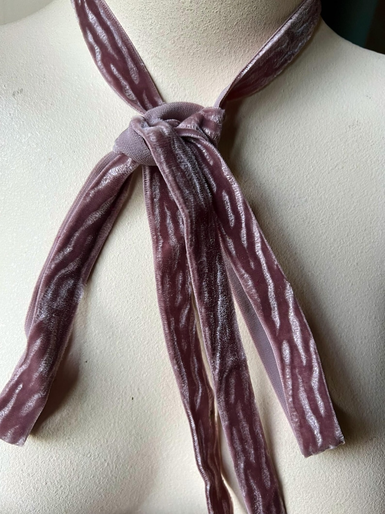 Puede incluir: Una corbata de terciopelo malva con un patr&oacute;n texturizado. La corbata est&aacute; anudada en el cuello y tiene extremos largos y fluidos. La tela tiene un aspecto suave y brillante, y el color es un p&uacute;rpura apagado.
