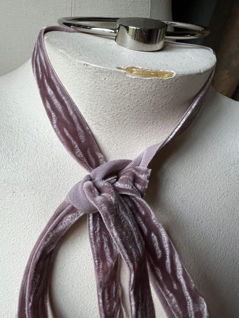 Puede incluir: Una corbata de terciopelo rosa empolvado est&aacute; anudada en el centro, con extremos largos y fluidos. La corbata est&aacute; colocada sobre un busto de maniqu&iacute; con una percha de metal plateado en la parte superior. El terciopelo tiene un brillo sutil.