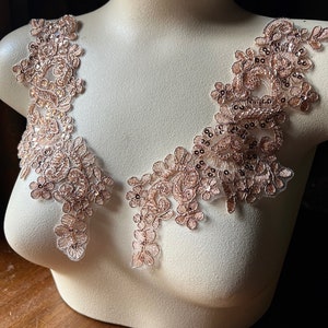 ROSE GOLD Beaded Lace Applique PAiR for Lyrical Dance, Ballroom Dance, Bridal, Sashes, Headbands PR 612 rg