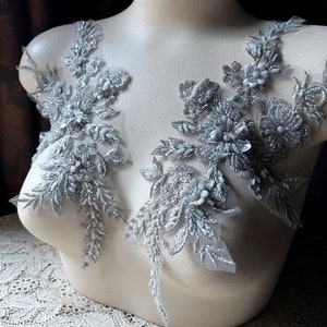 NOUVELLE Paire d&#39;appliques 3D GRIS, perles pour danse lyrique, ballet, robes couture F117