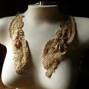 Gold Beaded Lace Applique Pair Venise Lace for Bridal, Sashes, Headbands, Costume Design PR 20