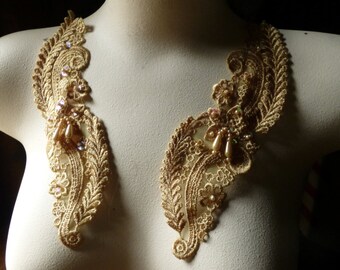 Gold Beaded Lace Applique Pair Venise Lace for Bridal, Sashes, Headbands, Costume Design PR 20