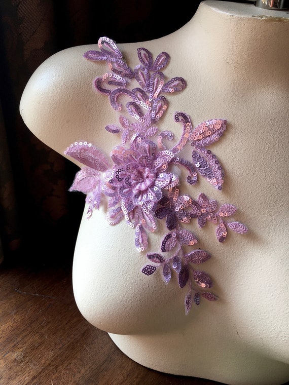 3D Blumen-Pailletten Applikation Zum Aufnähen – Handgefertigt Für Kleider, Kostüme, Taschen (Violett-Rosa)