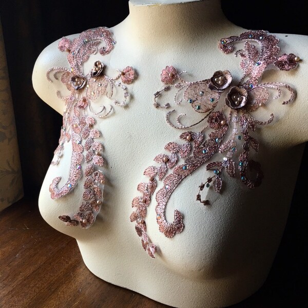 Copper Rose Gold Applique 3D Beaded PAIR Rhinestones Faux Pearls for Lyrical Dance, Ballroom Dance, Costumes, Garments F37