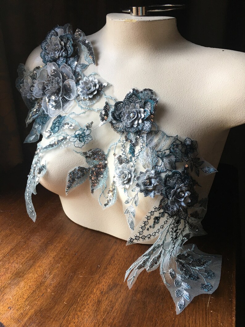 Beaded and Embroidered for Lyrical Dance Couture Gowns F44-3 Ballet Silver Teal 3D Applique #3