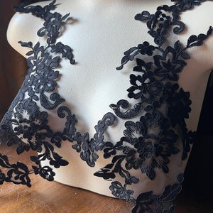 May include: Black lace trim with floral designs. The lace is delicate and intricate, with a sheer background.