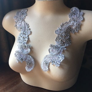 BRIGHT Silver Appliques Lace Beaded Pair for Lyrical Dance, Bridal, Headbands, Sashes, Costume Design PR 126 bsil