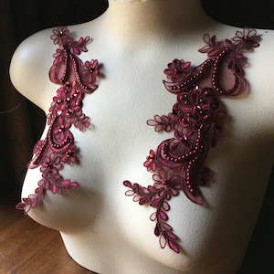 BURGUNDY Applique Beaded Lace Pair for Lyrical Dance, Ballroom Dance, Bridal, Headbands PR 114 burg