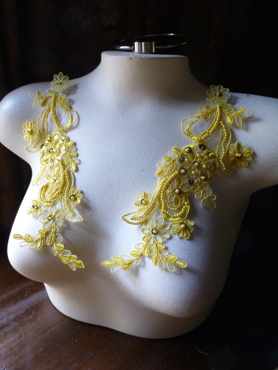 Golden Sunflower Yellow Lace Applique Beaded Pair for Lyrical Dance, Skating Costumes, Bridal, Headbands, Sashes  PR 114 sunfl