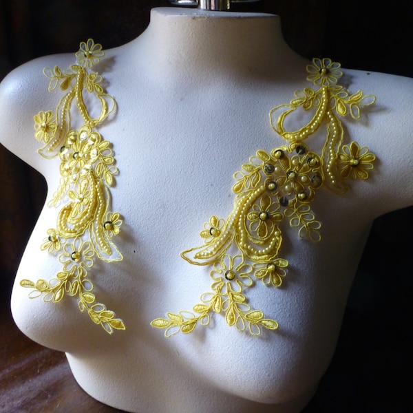 Paire de perles avec appliques de dentelle jaune tournesol doré pour danse lyrique, costumes de patinage, mariée, bandeaux, écharpes PR 114 sunfl