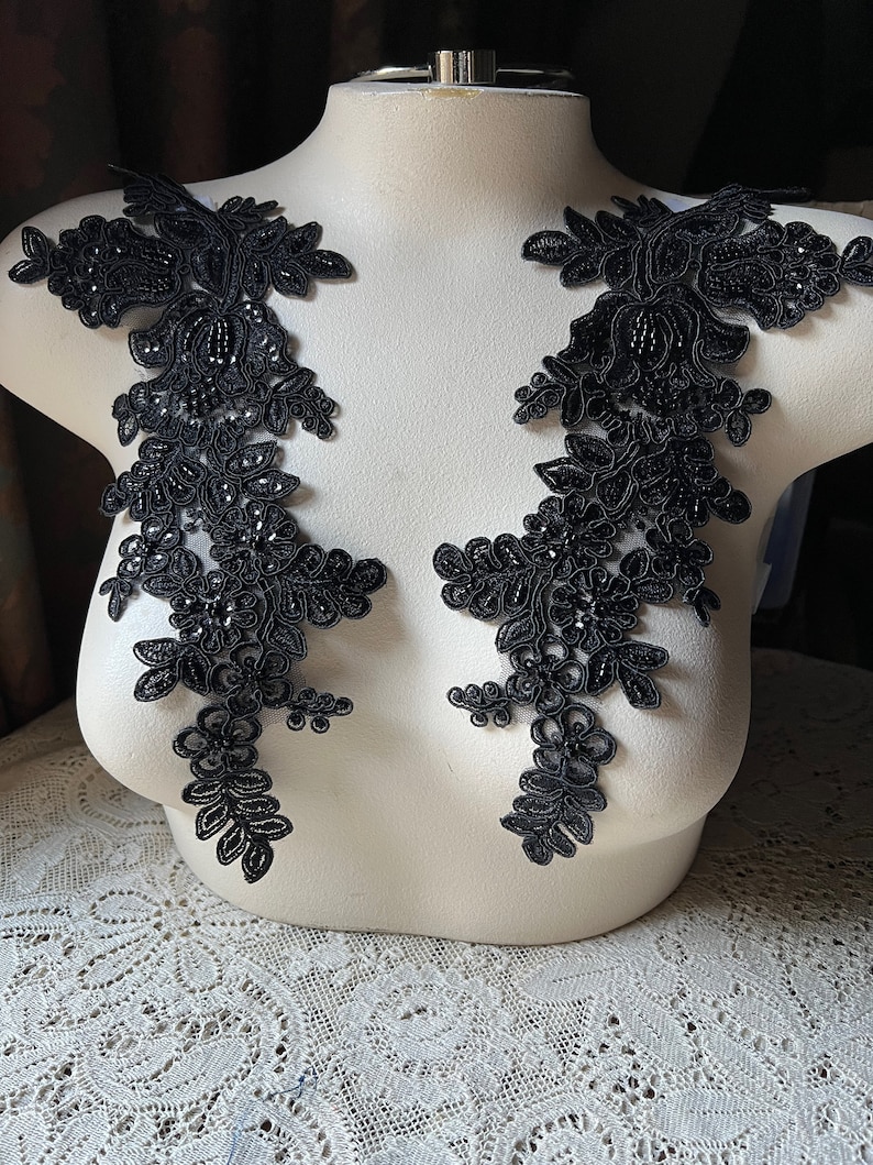 BLACK Applique Beaded Lace Pair for Lyrical Dance, Bridal, Headbands, Sashes, Costume Design PR 96 bl New Lot image 2