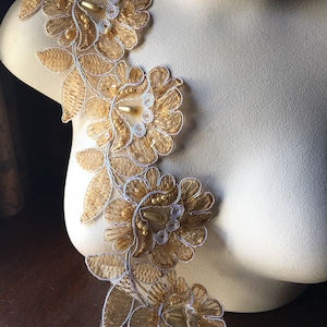 5 Gold Beaded Lace Applique Flowers Trim for Bridal, Lyrical Dance or Ballet Costumes, Garments BRI 15 gold