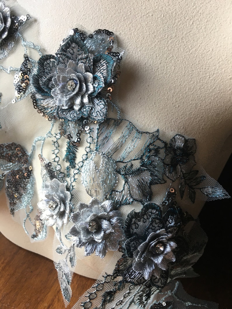 Beaded and Embroidered for Lyrical Dance Couture Gowns F44-3 Ballet Silver Teal 3D Applique #3