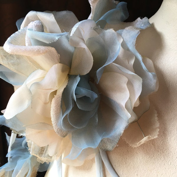 BLUE & CHAMPAGNE Silk Millinery Rose Vintage for Bridal, Sashes, Bouquets, Millinery MFKJ