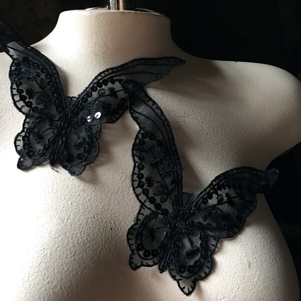 2 Black Butterfly Appliques Beaded for Lyrical Dance, Garments, Costume Design
