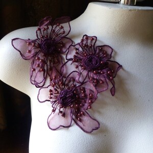 3 BURGUNDY Beaded Flower Applique Pins Double Layered Organza Beaded for Lyrical Dance, Bridal, Headbands, Costume Design