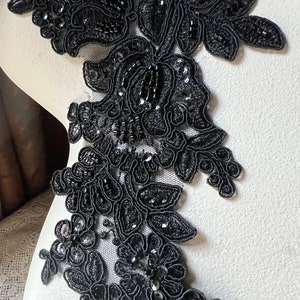BLACK Applique Beaded Lace Pair for Lyrical Dance, Bridal, Headbands, Sashes, Costume Design PR 96 bl New Lot image 4
