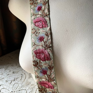 GREEN & ROSE PiNK Sari Trim Embroidered SiLK for Garments, Costume Design, Crafts, Junk Journals TR 295