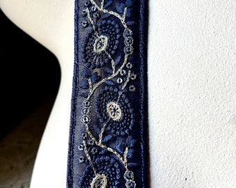 NAVY BLUE & Gold Sari Trim Beaded Embroidered Net for Garments, Costume Design, Crafts, Junk Journals TR 355