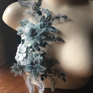 Ice Blue Embroidered Floral Applique: Beaded Couture Gown Embellishment F92-2