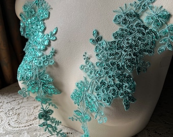 AQUAMARINE Lace Beaded Applique Pair for Lyrical Dance, Mermaids, Costume Design PR 429