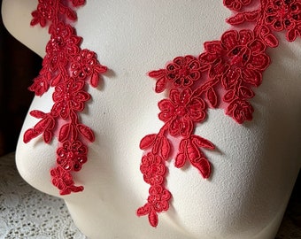 RED Beaded Applique Pair Lace for Lyrical Dance, Bridal, Headbands, Sashes, Costume Design PR 43 redNEW