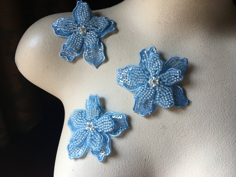 3 Lt. Blue 3D Appliques Beaded Flowers for Lyrical Dance, Garmen
