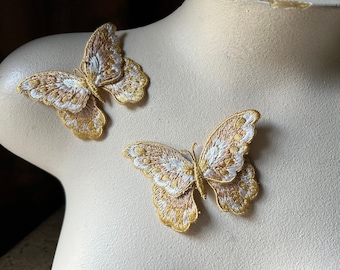 2 GOLD & White Butterfly Appliques for Lyrical Dance, Costumes, Garments, Crafts  BF 10