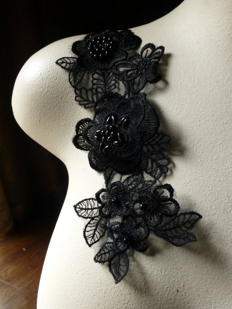 BLACK Beaded Pair Lace Appliques for Lyrical Dance, Ballet, Bridal, Headbands, Costume Design PR 84 image 2