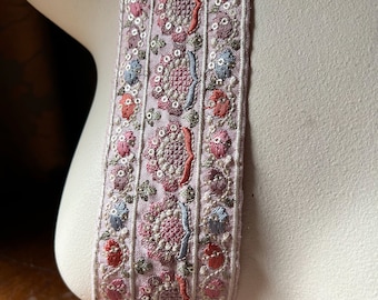 PINK Silk Beaded Sari Trim Embroidered for Garments, Costume Design, Crafts, Junk Journals TR 369