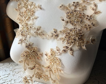 GOLD Beaded Applique PAIR for Lyrical Dance, Ballet, Skating Costumes Couture Gowns F194
