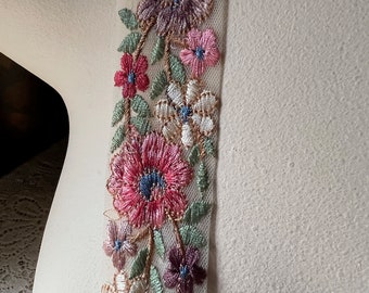 Pink, Mauve & Green Embroidered Floral Sari Trim: Beige Net, 1.5" Width TR 301