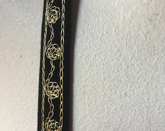2 yds. BLACK Velvet Ribbon Embroidered with Gold  3/8" for Millinery, Jewelry or Costume Design, Junk Journals, Scrapbooking VL