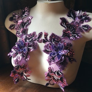PURPLE & PLuM 3d Applique PAIR Beaded with Sequins for Lyrical Dance, Ballet, Couture Gowns F122